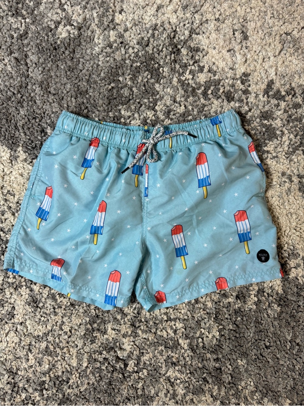 Molokai Surf Co, Men’s Patriotic Light Blue Popsicle Print Swim Shorts, Medium